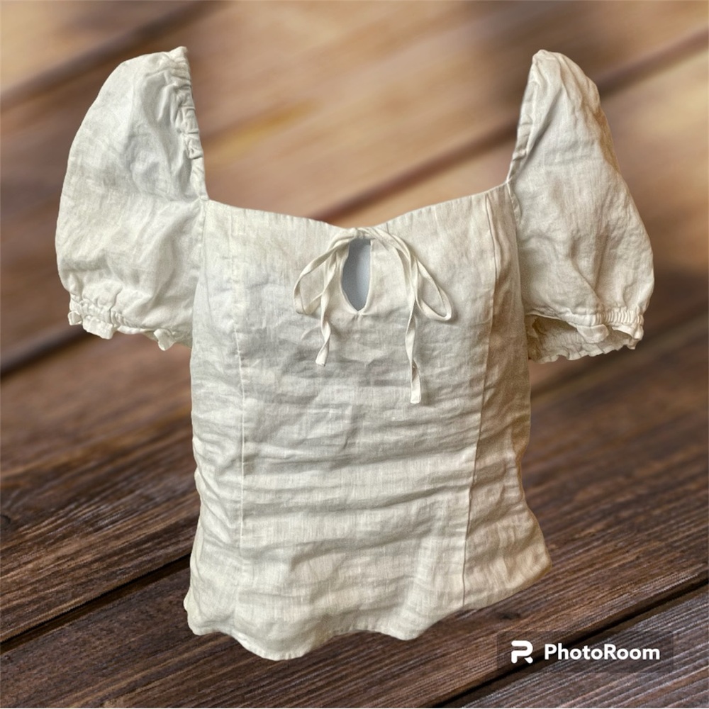 White Ruched Linen Blouse